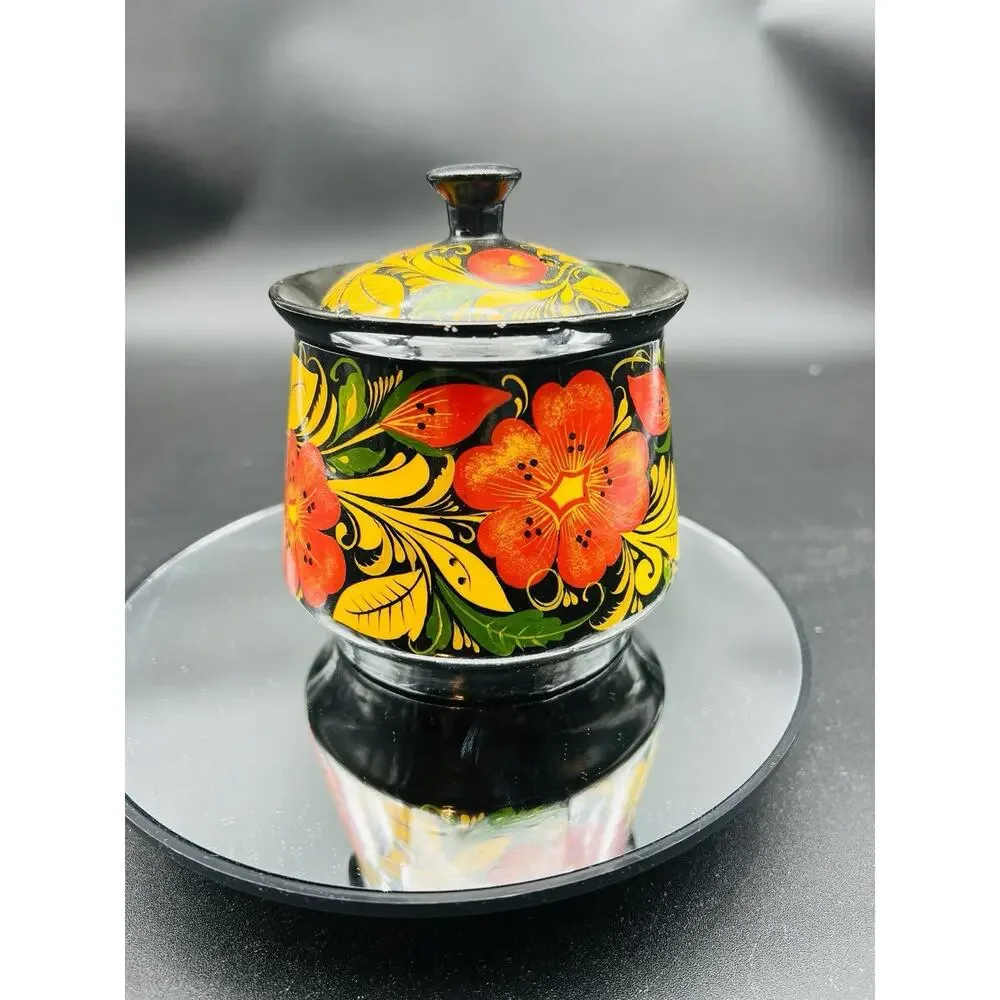 Russian USSR Lacquer Khokhloma Lidded Jar Canister 4